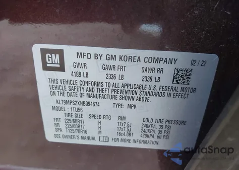 2022 Chevrolet Trailblazer Fwd Lt from USA, damaged, VIN KL79MPS2XNB094674